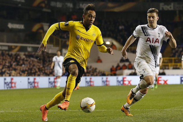 Dortmund's Pierre-Emerick Aubameyang during the Europa League round of 16 second leg soccer match between Tottenham Hotspur and Borussia Dortmund at the White Hart Lane stadium in London, England, Friday, March 18, 2016 . (AP Photo/Frank Augstein)