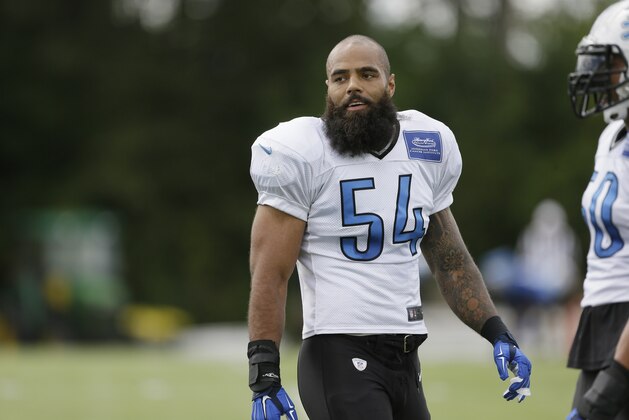Detroit Lions outside linebacker DeAndre Levy prepares for drills at the team's football training facility, Monday, Aug. 24, 2015, in Allen Park, Mich. (AP Photo/Carlos Osorio)