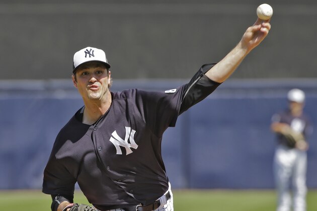 New York Yankees relief pitcher Andrew Miller whams up during a spring training baseball game against the Toronto Blue Jays Thursday, March 10, 2016, in Tampa, Fla. (AP Photo/Chris O'Meara)