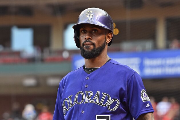 Jul 30, 2015; St. Louis, MO, USA; Colorado Rockies shortstop Jose Reyes (7) prepares to bat against the St. Louis Cardinals at Busch Stadium. Mandatory Credit: Jasen Vinlove-USA TODAY Sports