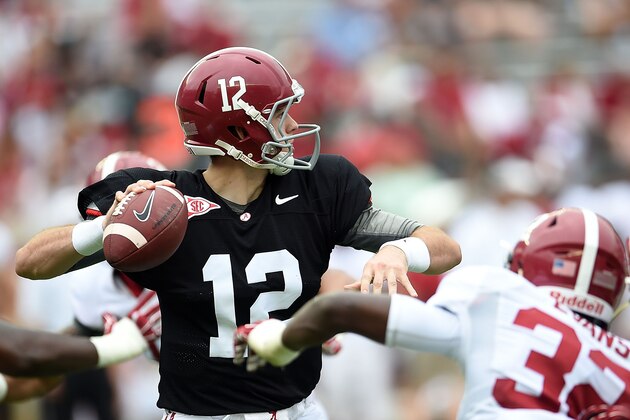 TUSCALOOSA, AL - APRIL 18:  David Cornwell #12 of the Crimson team drops back to pass against the White team during the University of Alabama A Day spring game at Bryant-Denny Stadium on April 18, 2015 in Tuscaloosa, Alabama.  (Photo by Stacy Revere/Getty Images)