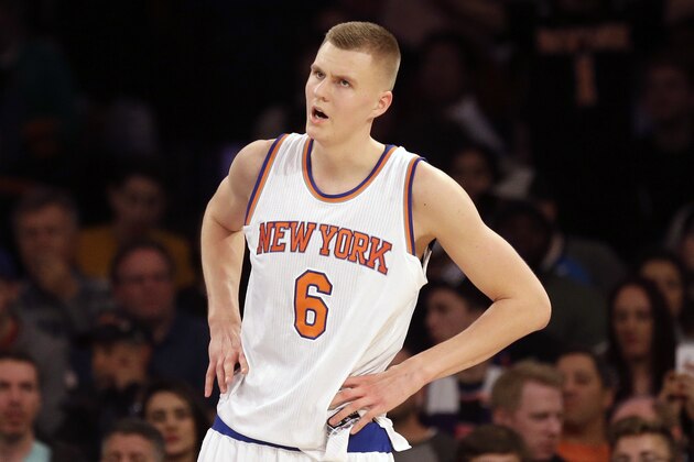 New York Knicks' Kristaps Porzingis reacts during the second half of the NBA basketball game Sacramento Kings, Sunday, March 20, 2016 in New York. The Kings defeated the Knicks 88-80. (AP Photo/Seth Wenig)