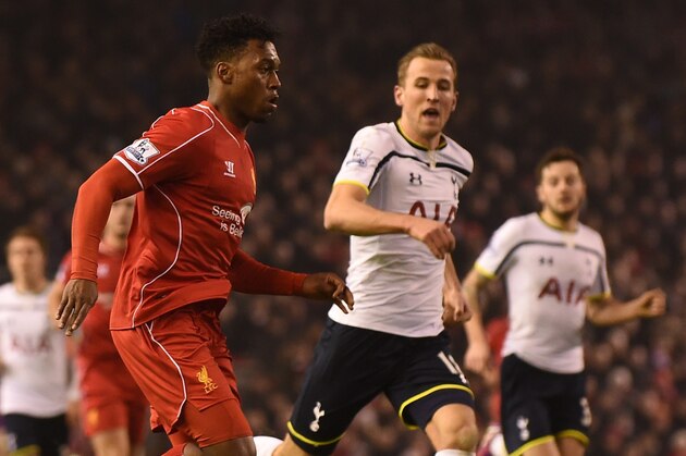 Tottenham Hotspur's English striker Harry Kane (R) runs across to tackle Liverpool's English striker Daniel Sturridge (L) during the English Premier League football match between Liverpool and Tottenham Hotspur at the Anfield stadium in Liverpool, northwest England, on February 10, 2015. AFP PHOTO / PAUL ELLIS
RESTRICTED TO EDITORIAL USE. No use with unauthorized audio, video, data, fixture lists, club/league logos or live services. Online in-match use limited to 45 images, no video emulation. No use in betting, games or single club/league/player publications. (Photo credit should read PAUL ELLIS/AFP/Getty Images) Tottenham Hotspur's English striker Harry Kane (R) runs across to tackle Liverpool's English striker Daniel Sturridge (L) during the English Premier League football match between Liverpool and Tottenham Hotspur at the Anfield stadium in Liverpool, northwest England, on February 10, 2015. AFP PHOTO / PAUL ELLIS
RESTRICTED TO EDITORIAL USE. No use with unauthorized audio, video, data, fixture lists, club/league logos or live services. Online in-match use limited to 45 images, no video emulation. No use in betting, games or single club/league/player publications. (Photo credit should read PAUL ELLIS/AFP/Getty Images)