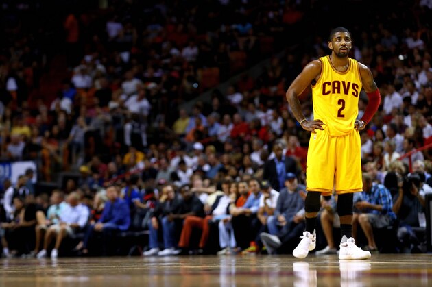 MIAMI, FL - MARCH 19:  Kyrie Irving #2 of the Cleveland Cavaliers looks on during a game against the Miami Heat  at American Airlines Arena on March 19, 2016 in Miami, Florida.  NOTE TO USER: User expressly acknowledges and agrees that, by downloading and or using this photograph, User is consenting to the terms and conditions of the Getty Images License Agreement.  (Photo by Mike Ehrmann/Getty Images)