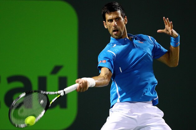 KEY BISCAYNE, FL - MARCH 30:  Novak Djokovic of Serbia plays a match against Tomas Berdych of the Czech Republic during Day 10 of the Miami Open presented by Itau at Crandon Park Tennis Center on March 30, 2016 in Key Biscayne, Florida.  (Photo by Mike Ehrmann/Getty Images)