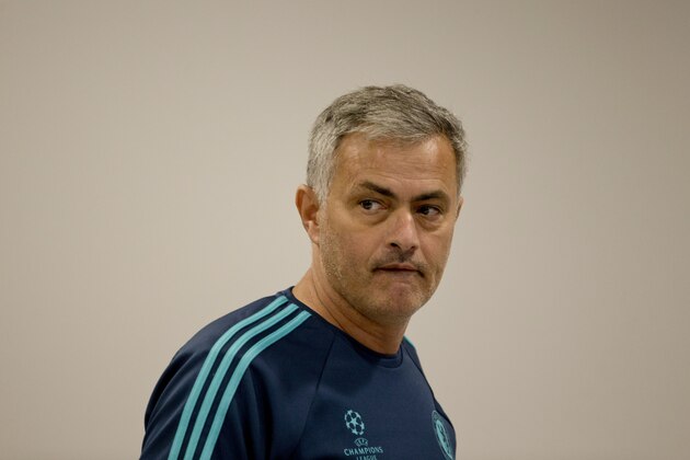 Chelsea manager Jose Mourinho arrives to speaks to the press ahead of group G Champions League soccer match in Haifa, Israel, Monday, Nov. 23, 2015. Chelsea will play against Maccabi Tel Aviv on Tuesday. (AP Photo/Ariel Schalit)