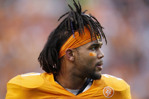 KNOXVILLE, TN - NOVEMBER 7: Brian Randolph #37 of the Tennessee Volunteers looks on against the South Carolina Gamecocks during a game at Neyland Stadium on November 7, 2015 in Knoxville, Tennessee. Tennessee defeated South Carolina 27-24. (Photo by Joe Robbins/Getty Images)