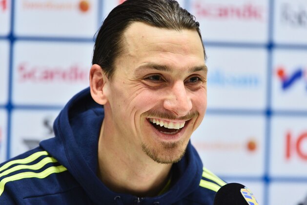 Swedish national football player Zlatan Ibrahimovic smiles during a press conference at the Friends Arena in Stockholm, Sweden, on March 27, 2016, ahead of Tuesday's friendly soccer match against Czech Republic.  / AFP / TT News Agency / CLAUDIO BRESCIANI/TT / Sweden OUT        (Photo credit should read CLAUDIO BRESCIANI/TT/AFP/Getty Images)