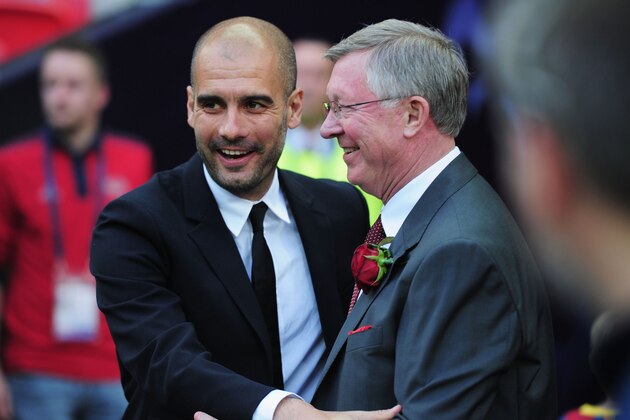LONDON, ENGLAND - MAY 28:  Josep Guardiola manager of FC Barcelona (L) greets Sir Alex Ferguson manager of Manchester United ahead of the UEFA Champions League final between FC Barcelona and Manchester United FC at Wembley Stadium on May 28, 2011 in London, England.  (Photo by Shaun Botterill/Getty Images)