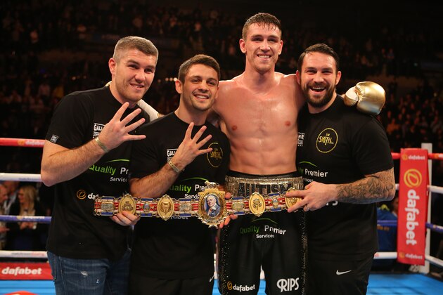 LIVERPOOL, ENGLAND - NOVEMBER 7: Callum Smith stands alongside brothers (left to right) Liam, Stephen and Paul Smith, after beating Rocky Fielding during their Super Middleweight contest at the Echo Arena on November 7, 2015 in Liverpool, England. (Photo by Dave Thompson/Getty Images)