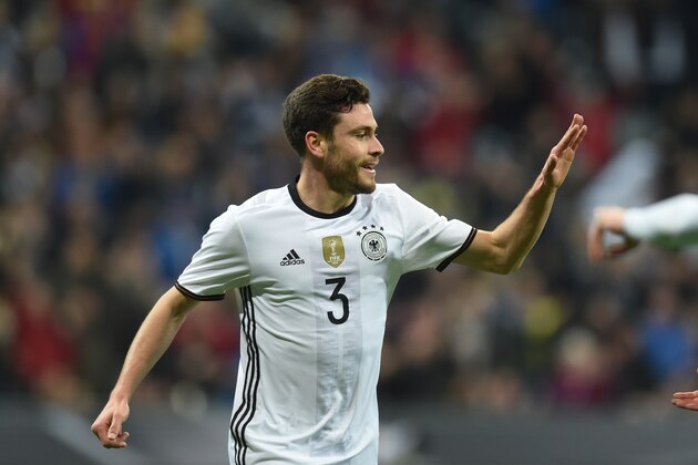 Germany's defender Jonas Hector reacts during the friendly football match between Germany and Italy in the stadium in Munich, southern Germany, on March 29, 2016.  / AFP / CHRISTOF STACHE        (Photo credit should read CHRISTOF STACHE/AFP/Getty Images)