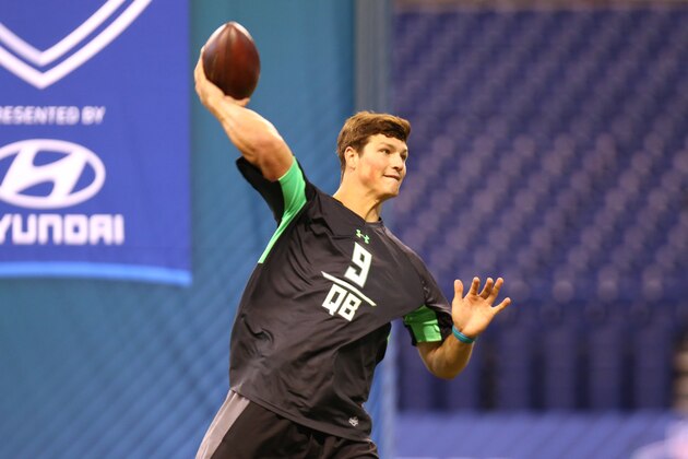 Penn State quarterback Christian Hackenberg performs a drill at the NFL football scouting combine Saturday, Feb. 27, 2016, in Indianapolis. (AP Photo/Gregory Payan)