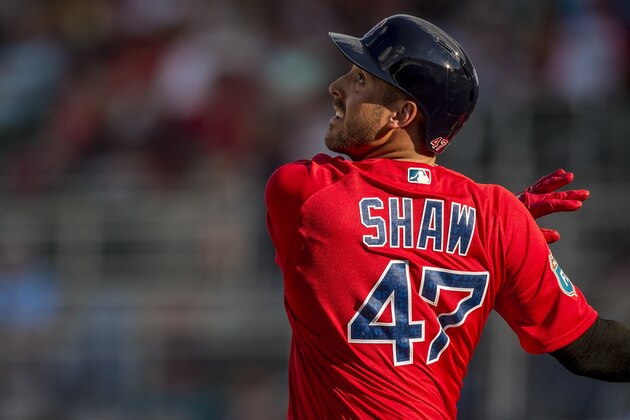 FT. MYERS, FL - FEBRUARY  29: Travis Shaw #47 of the Boston Red Sox bats in an exhibition game against the Northeastern University Huskies on February 29, 2016 at jetBlue Park in  Fort Myers, Florida . (Photo by Billie Weiss/Boston Red Sox/Getty Images)