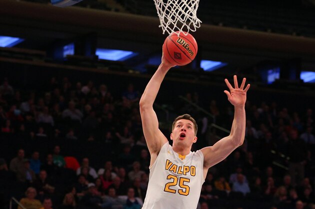 Mar 29, 2016; New York, NY, USA; Valparaiso Crusaders forward Alec Peters (25) shoots the ball against the BYU Cougars during the first half of a semifinal game of the 2016 NIT basketball tournament at Madison Square Garden. Mandatory Credit: Brad Penner-USA TODAY Sports