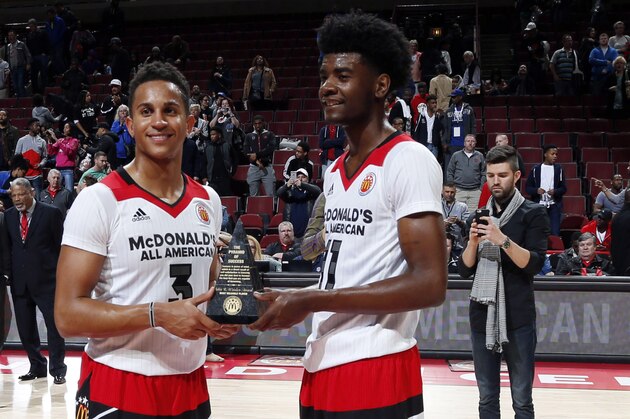 Mar 30, 2016; Chicago, IL, USA; McDonald's All-American West guard Frank Jackson (3) and forward Josh Jackson (1) win the John Wooden Award as co MVP's after the McDonald's High School All-American Game at the United Center. Mandatory Credit: Brian Spurlock-USA TODAY Sports