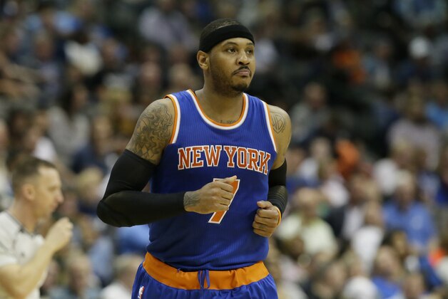 New York Knicks forward Carmelo Anthony (7) runs the floor during the second half of an NBA basketball game against the Dallas Mavericks Wednesday, March 30, 2016, in Dallas. (AP Photo/LM Otero)