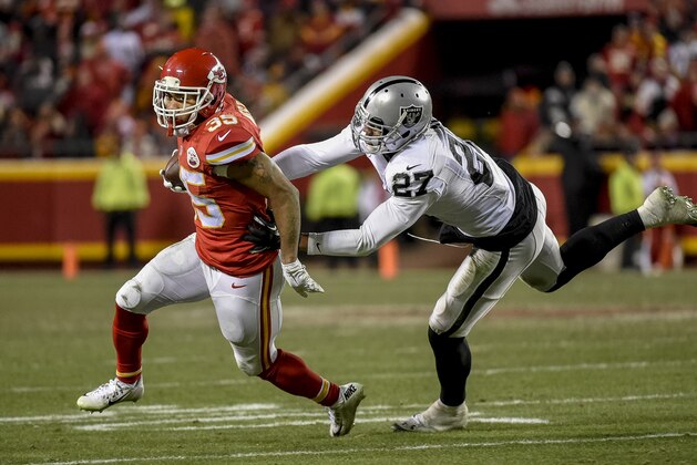Oakland Raiders strong safety Taylor Mays (27) tries to catch Kansas City Chiefs running back Charcandrick West (35) during the second half of their NFL football game in Kansas City, Mo., Sunday, Jan, 3, 2016. (AP Photo/Reed Hoffmann) Oakland Raiders strong safety Taylor Mays (27) tries to catch Kansas City Chiefs running back Charcandrick West (35) during the second half of their NFL football game in Kansas City, Mo., Sunday, Jan, 3, 2016. (AP Photo/Reed Hoffmann)