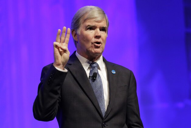 NCAA President Mark Emmert gives a state of the NCAA speech at the organization's convention Thursday, Jan. 14, 2016, in San Antonio. (AP Photo/Eric Gay)