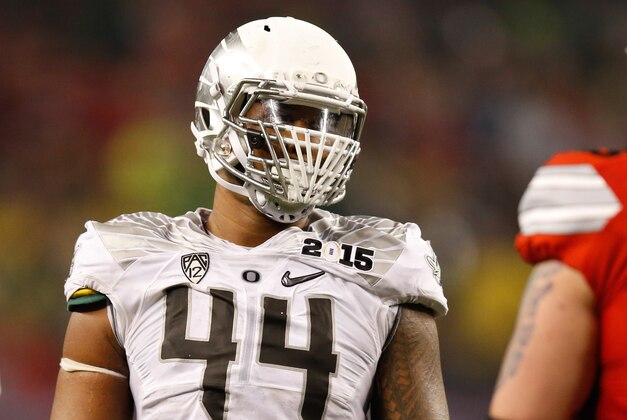 Jan 12, 2015; Arlington, TX, USA; Oregon Ducks defensive lineman DeForest Buckner (44) in game action against the Ohio State Buckeyes in the 2015 CFP National Championship Game at AT&T Stadium. Ohio State won 42-20. Mandatory Credit: Tim Heitman-USA TODAY Sports