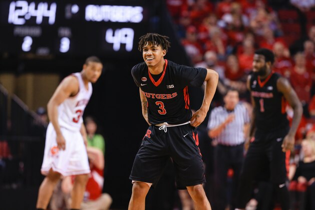 Rutgers' Corey Sanders (3) smiles during the second half of an NCAA college basketball game against Nebraska in Lincoln, Neb., Saturday, Feb. 6, 2016. (AP Photo/Nati Harnik)