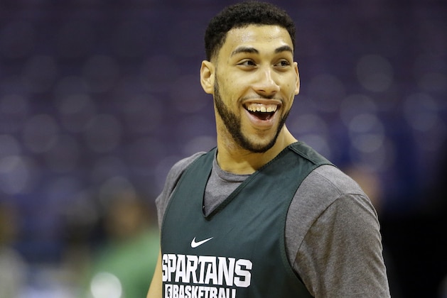 Michigan State's Denzel Valentine laughs during practice ahead of a first-round men's college basketball game in the NCAA tournament, Thursday, March 17, 2016, in St. Louis. Michigan State plays Middle Tennessee on Friday. (AP Photo/Jeff Roberson)