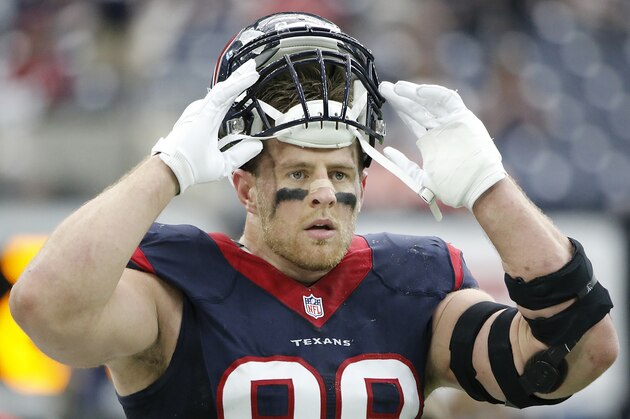HOUSTON, TX - JANUARY 09: J.J. Watt #99 of the Houston Texans warms up before playing against the Kansas City Chiefs during the AFC Wild Card Playoff game at NRG Stadium on January 9, 2016 in Houston, Texas. Kansas City won 30 to 0. (Photo by Thomas B. Shea/Getty Images)