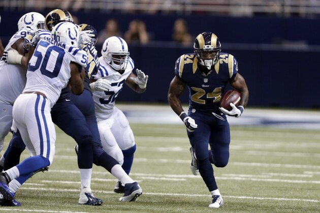 St. Louis Rams running back Isaiah Pead runs with the ball during the second quarter of an NFL preseason football game against the Indianapolis Colts Saturday, Aug. 29, 2015, in St. Louis. (AP Photo/Tom Gannam)