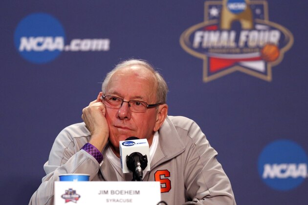 HOUSTON, TEXAS - MARCH 31:  Head coach Jim Boeheim of the Syracuse Orange reacts during a press conference prior to the 2016 NCAA Men's Final Four at NRG Stadium on March 31, 2016 in Houston, Texas.  (Photo by Streeter Lecka/Getty Images)