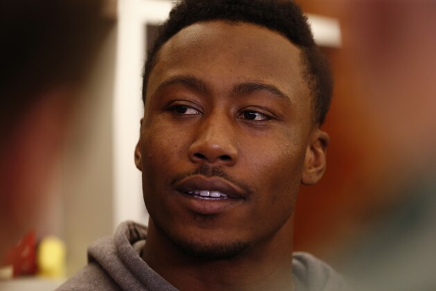 New York Jets wide receiver Brandon Marshall talks to the media as the team clears out their lockers at the team's NFL football training facility, Monday, Jan.4, 2016, in Florham Park, N.J. (AP Photo/Rich Schultz)