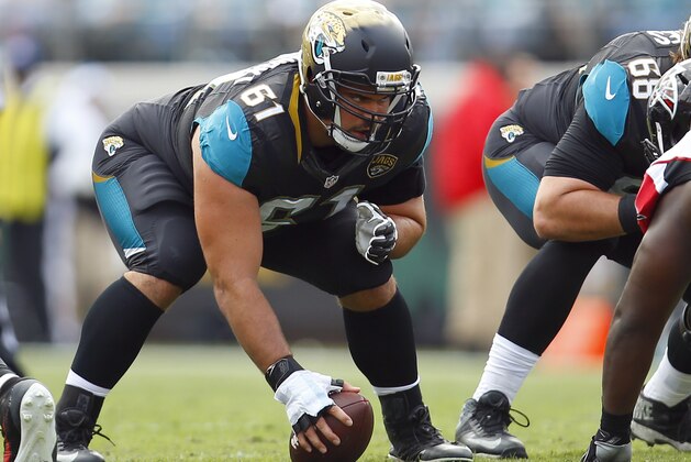 Jacksonville Jaguars center Stefen Wisniewski (61) sets to snap the ball against the Atlanta Falcons during an NFL football game in Jacksonville, Fla., Sunday, Dec. 20, 2015. (Jeff Haynes/AP Images for Panini)