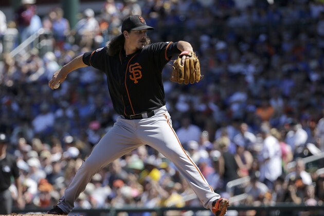 San Francisco Giants starting pitcher Jeff Samardzija against the Chicago Cubs during a spring training baseball game in Mesa, Ariz., Saturday, March 26, 2016. (AP Photo/Jeff Chiu)