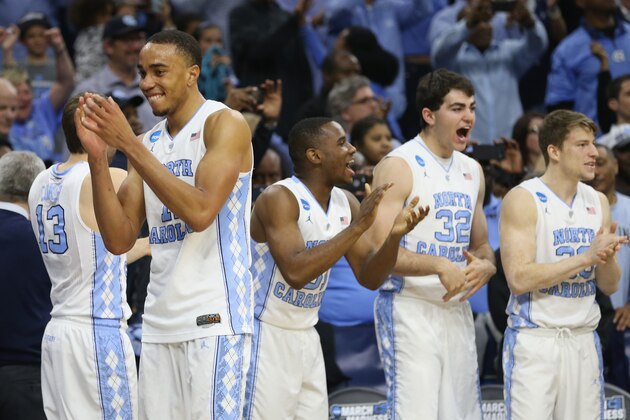 PHILADELPHIA, PA - MARCH 27:  Brice Johnson #11 of the North Carolina Tar Heels celebrates with his teammates after defeating the Notre Dame Fighting Irish with a score of 74 to 88 in the 2016 NCAA Men's Basketball Tournament East Regional Final at Wells Fargo Center on March 27, 2016 in Philadelphia, Pennsylvania.  (Photo by Streeter Lecka/Getty Images)