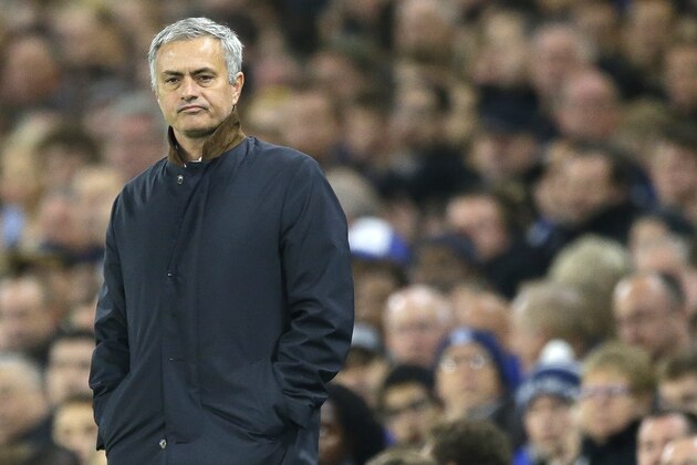 Chelsea manager Jose Mourinho watches from the touchline during the Champions League Group G soccer match between Chelsea and Dynamo Kiev at Stamford Bridge Stadium in London,  Wednesday, Nov. 4, 2015. (AP Photo/Matt Dunham)