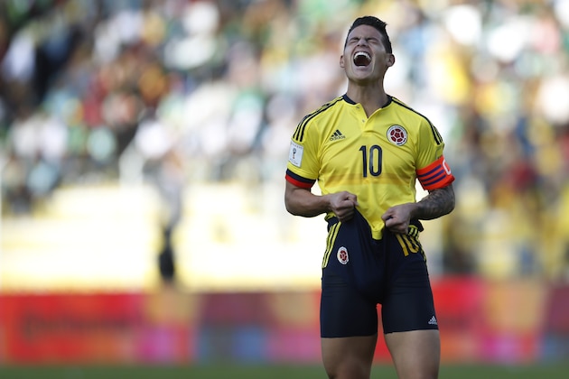 Colombia's James Rodriguez reacts after missing a chance to score against Bolivia at a 2018 World Cup qualifying soccer match in La Paz, Bolivia, Thursday, March 24, 2016. (AP Photo/Juan Karita)