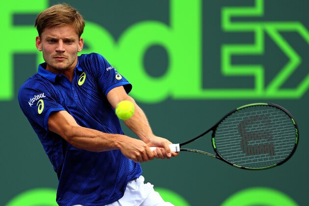 KEY BISCAYNE, FL - MARCH 30:  David Goffin of Belguim plays a match against Gilles Simon of France during Day 10 of the Miami Open presented by Itau at Crandon Park Tennis Center on March 30, 2016 in Key Biscayne, Florida.  (Photo by Mike Ehrmann/Getty Images)