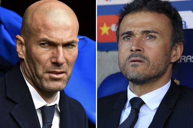 (FILES) A combination of two pictures made on April 1st, 2016 shows Real Madrid's French coach Zinedine Zidane (L) before the Spanish league football match Real Madrid CF vs RC Celta de Vigo at the Santiago Bernabeu stadium in Madrid on March 5, 2016 and Barcelona's coach Luis Enrique before the Spanish league football match RCD Espanyol vs FC Barcelona at the Power8 stadium in Cornella de Llobregat on January 2, 2016.
Barcelona will honour legendary former player and coach Johan Cruyff as they look to inflict more misery upon eternal rivals Real Madrid in the Clasico on April 2nd, 2016. / AFP / GERARD JULIEN AND PAU BARRENA        (Photo credit should read GERARD JULIEN,PAU BARRENA/AFP/Getty Images)