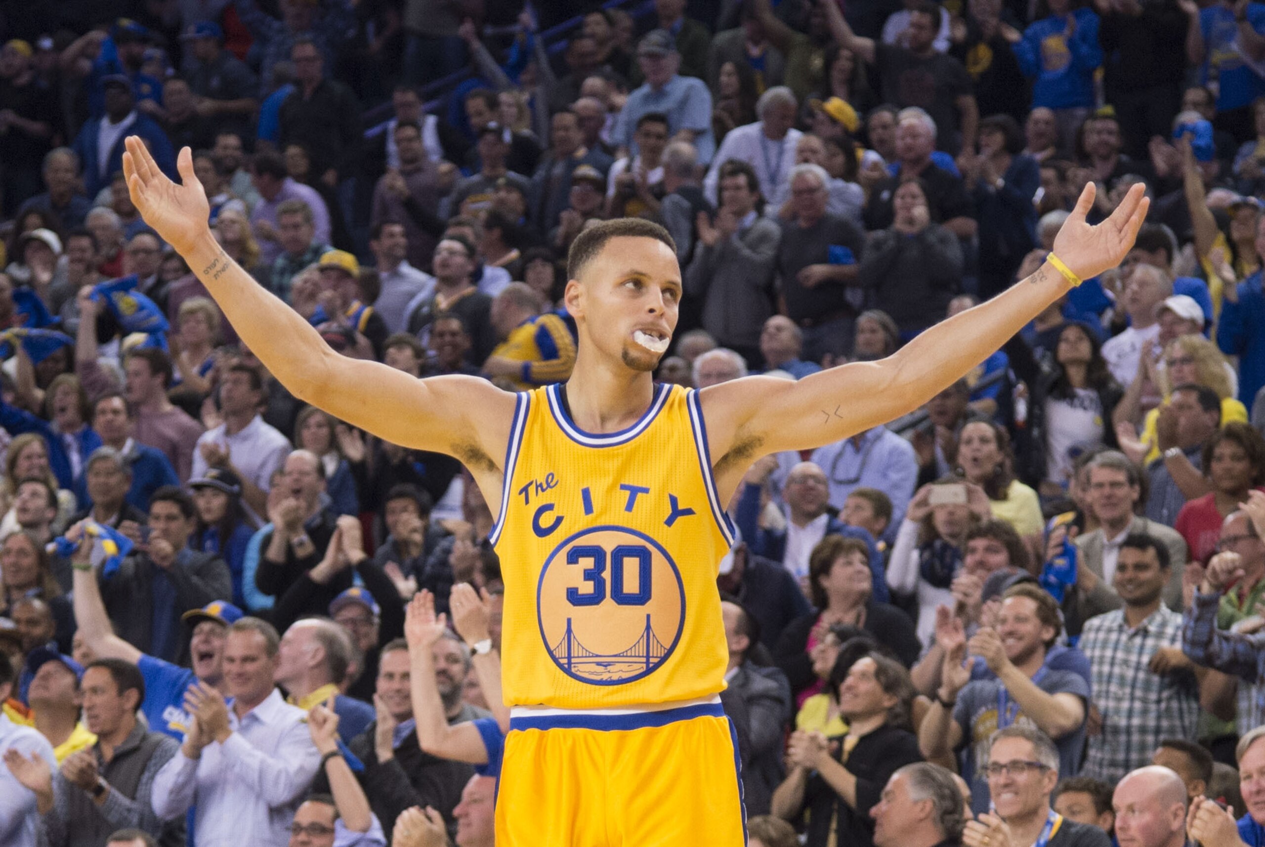 March 29, 2016; Oakland, CA, USA; Golden State Warriors guard Stephen Curry (30) celebrates against the Washington Wizards during the second quarter at Oracle Arena. Mandatory Credit: Kyle Terada-USA TODAY Sports