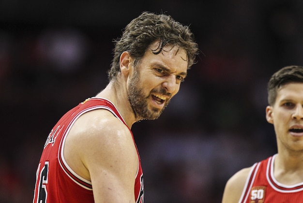 Mar 31, 2016; Houston, TX, USA; Chicago Bulls center Pau Gasol (16) reacts after a play during the first quarter against the Houston Rockets at Toyota Center. Mandatory Credit: Troy Taormina-USA TODAY Sports