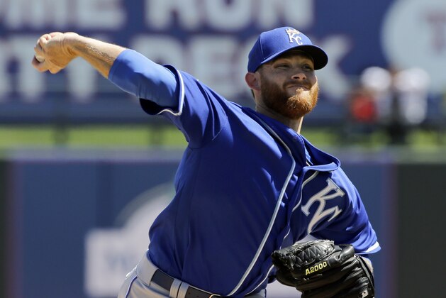 FILE - In this Wednesday, March 30, 2016, file photo, Kansas City Royals starting pitcher Ian Kennedy throws against the Texas Rangers during the first inning of a spring training baseball game in Surprise, Ariz.  The Royals lost Johnny Cueto in free agency, but they knew all along the late-season acquisition was going to be too costly to keep. They signed Kennedy to fill his spot in the rotation, and will rely on Edinson Volquez, Yordano Ventura, Chris Young and Kris Medlen to round it out.  (AP Photo/Jae C. Hong, File)