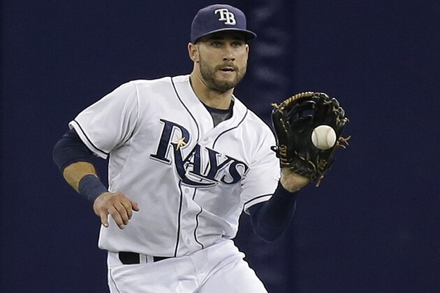Tampa Bay Rays center fielder Kevin Kiermaier fields a single by Kansas City Royals' Lorenzo Cain during the first inning of a baseball game Friday, Aug. 28, 2015, in St. Petersburg, Fla.  (AP Photo/Chris O'Meara)