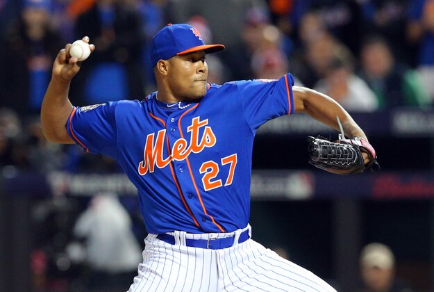 Nov 1, 2015; New York City, NY, USA; New York Mets relief pitcher Jeurys Familia throws a pitch against the Kansas City Royals in the 9th inning in game five of the World Series at Citi Field. Mandatory Credit: Brad Penner-USA TODAY Sports