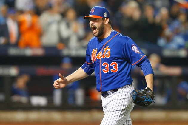 NEW YORK, NY - NOVEMBER 01:  (NEW YORK DAILIES OUT)    Matt Harvey #33 of the New York Mets reacts after the final out of the seventh inning against the Kansas City Royals during game five of the 2015 World Series at Citi Field on November 1, 2015 in the Flushing neighborhood of the Queens borough of New York City. The Royals defeated the Mets 7-2.  (Photo by Jim McIsaac/Getty Images)