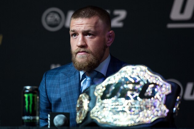 LAS VEGAS, NV - MARCH 3:   UFC featherweight champion Conor McGregor speaks to the media during the UFC 196 Press Conference at David Copperfield Theater in the MGM Grand Hotel/Casino on March 3, 2016 in Las Vegas, Nevada. (Photo by Brandon Magnus/Zuffa LLC/Zuffa LLC via Getty Images)