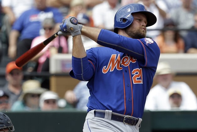 New York Mets' Lucas Duda bats against the Detroit Tigers in a spring training baseball game, Monday, March 14, 2016, in Lakeland, Fla. (AP Photo/John Raoux)