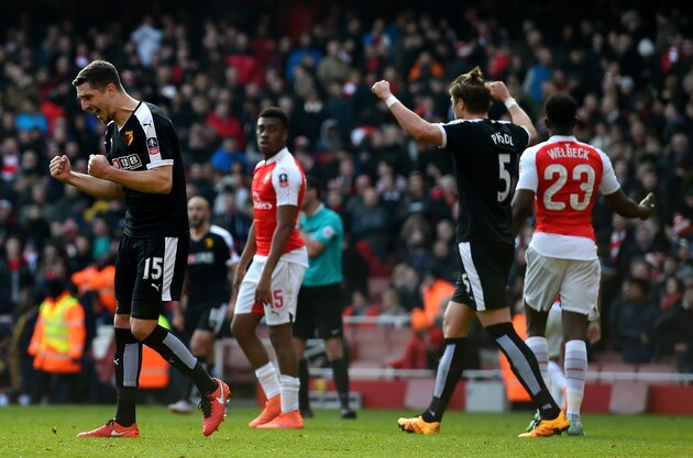 LONDON, ENGLAND - MARCH 13: Sebastian Prodl (5) and Craig Cathcart of Watford (15) celebrate victory after the Emirates FA Cup sixth round match between Arsenal and Watford at Emirates Stadium on March 13, 2016 in London, England. (Photo by Shaun Botterill/Getty Images) LONDON, ENGLAND - MARCH 13: Sebastian Prodl (5) and Craig Cathcart of Watford (15) celebrate victory after the Emirates FA Cup sixth round match between Arsenal and Watford at Emirates Stadium on March 13, 2016 in London, England. (Photo by Shaun Botterill/Getty Images)