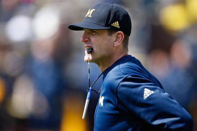 ANN ARBOR, MI - APRIL 04: Head coach Jim Harbaugh of the Michigan Wolverines looks on during the Michigan Football Spring Game on April 4, 2015 at Michigan Stadium in Ann Arbor, Michigan.  (Photo by Gregory Shamus/Getty Images)