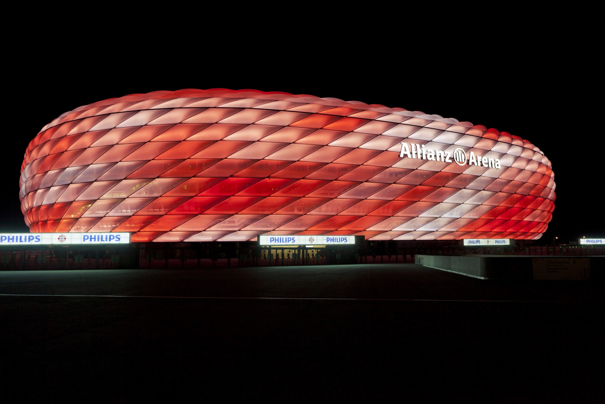 IMAGE DISTRIBUTED FOR PHILIPS - In this image released on Thursday, Aug 13, 2015, FC Bayern Munich kick off the new season with a colorful display both on and off the pitch as the Allianz Arena gets a facelift with cutting-edge LED technology from Royal Philips, the global leader in lighting. It’s distinctive inflatable outer membrane can now be lit with a palette of 16 million different colors as opposed to the previous red, white and blue. More than 300,00 LEDs, were fitted which would cover 7,5 km if strung together and have a life-span of 80,00 hours-the equivalent of 53,000 league matches which in turn save 60% less electricity and cut CO2 emissions by approximately 362 tons per year. Fans will be treated to the spectacle at the team’s season opener against Hamburger SV. Images and press release available at http://www.apassignments.com/multimedia-newsroom#fc-bayern-munich-make-glowing-start-to-season. (Christoph Mukherjee/AP Images for Philips)
