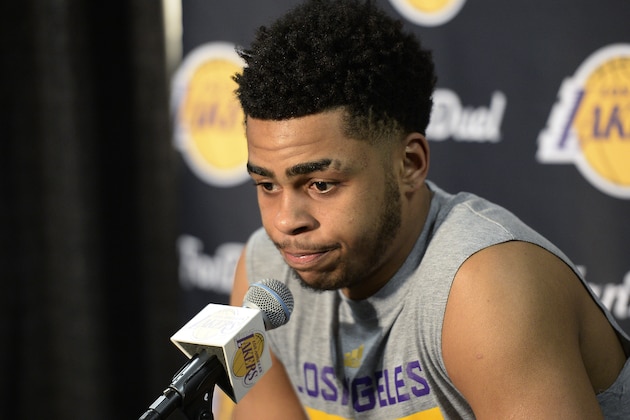 LOS ANGELES, CA - MARCH 30: D'Angelo Russell #1 of the Los Angeles Lakers speaks during a news conference to discuss the controversy with teammate Nick Young before the start of the NBA game against the Miami Heat at Staples Center March 30, 2016 in Los Angeles, California. NOTE TO USER: User expressly acknowledges and agrees that, by downloading and or using the photograph, User is consenting to the terms and conditions of the Getty Images License Agreement. (Photo by Kevork Djansezian/Getty Images)