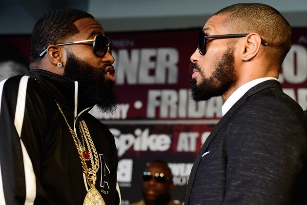 WASHINGTON, DC - FEBRUARY 29: Adrien Broner (L) and Ashely Theophane go face to face during a press conference to announce the fight between Adrien Broner and Ashely Theophane at W Hotel Washington DC on February 29, 2016 in Washington, DC.  (Photo by Patrick McDermott/Getty Images)