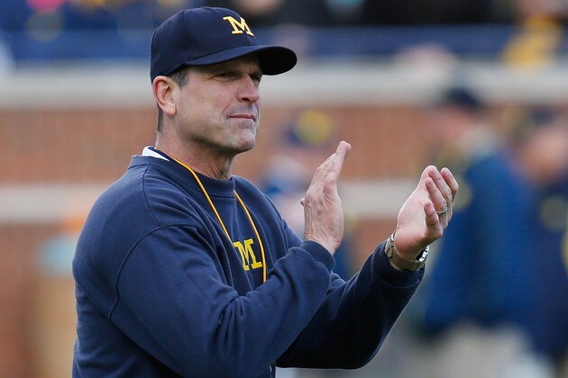 ANN ARBOR, MI - APRIL 01: Head coach Jim Harbaugh of the Michigan Wolverines looks on prior to the Michigan Football Spring Game on April 1, 2016 at Michigan Stadium in Ann Arbor, Michigan.  (Photo by Gregory Shamus/Getty Images)
